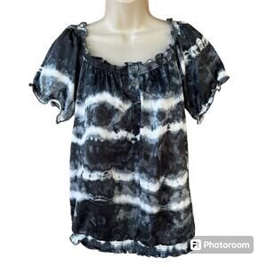 AB STudio Black White Tie Dye Silky Pullover Top Smocked Elastic Hem Womens S